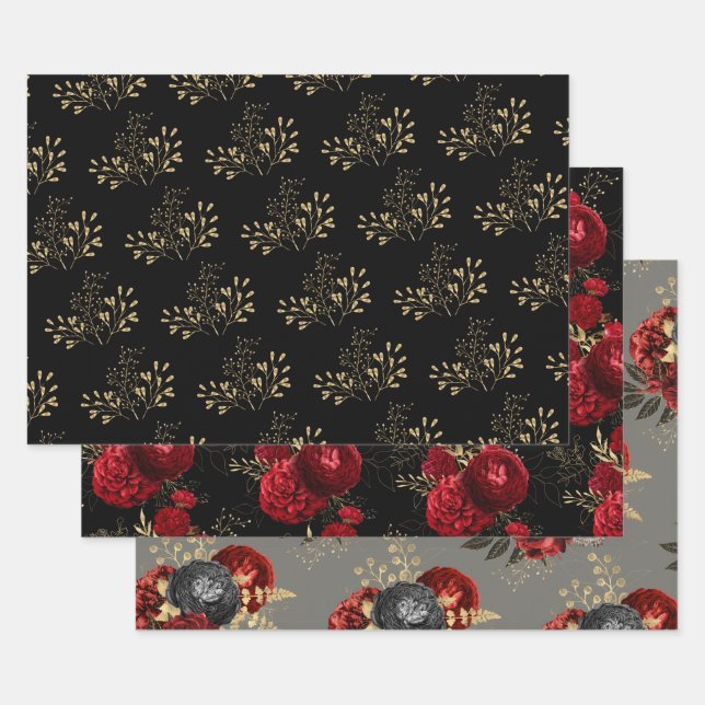 Red Black and Gold Floral  Wrapping Paper Sheet (Set)