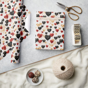 Red Black and Gold Heart Balloons Wrapping Paper