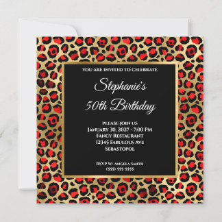 Red Black and Gold Leopard Glam 50th Birthday Invitation