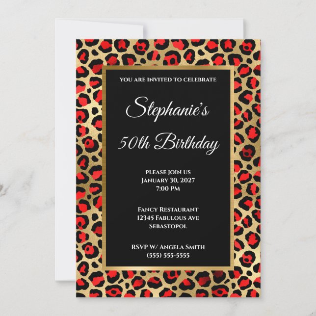 Red Black and Gold Leopard Glam 50th Birthday Invitation (Front)