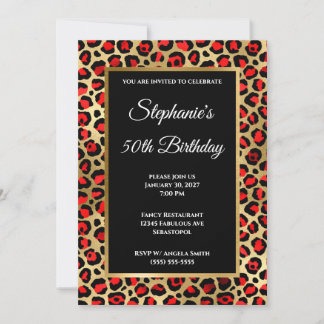 Red Black and Gold Leopard Glam 50th Birthday Invitation