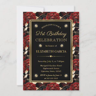 Red Black and Gold Marble Floral 21st Birthday Invitation
