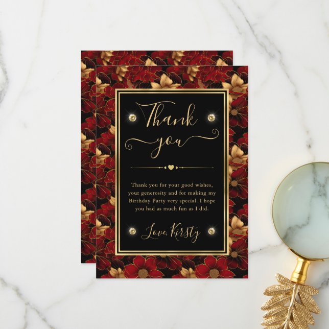 Red Black and Gold Marble Floral Birthday Thank You Card (Front/Back In Situ)