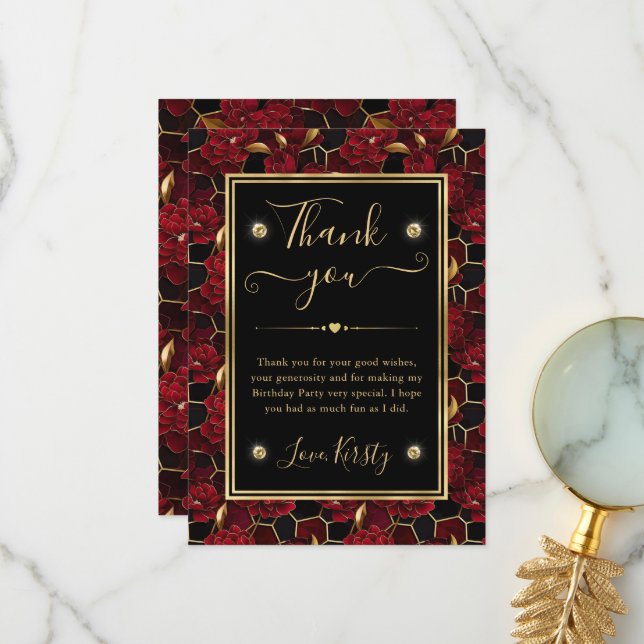 Red Black and Gold Marble Floral Birthday Thank You Card (Front/Back In Situ)