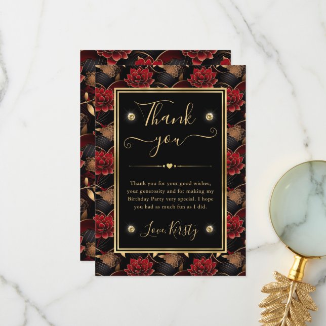 Red Black and Gold Marble Floral Birthday Thank You Card (Front/Back In Situ)