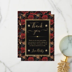 Red Black and Gold Marble Floral Birthday Thank You Card