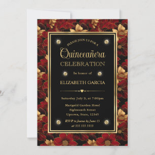 Red Black and Gold Marble Floral Quinceanera Invitation