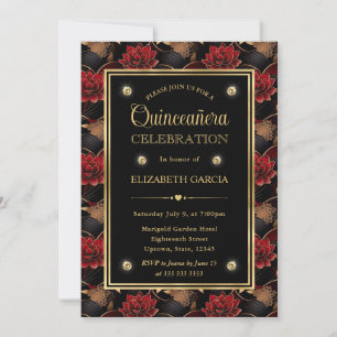 Red Black and Gold Marble Floral Quinceanera Invitation