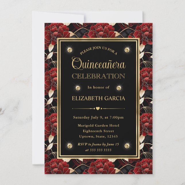 Red Black and Gold Marble Floral Quinceanera Invitation (Front)