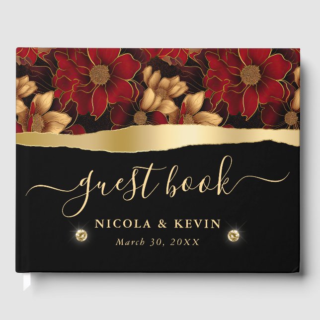 Red Black and Gold Marble Floral Wedding Guest Book (Front)