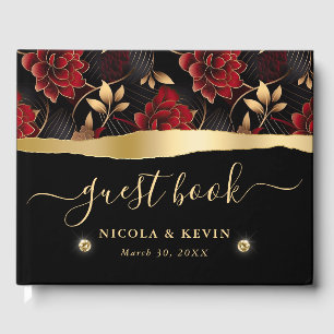 Red Black and Gold Marble Floral Wedding Guest Book
