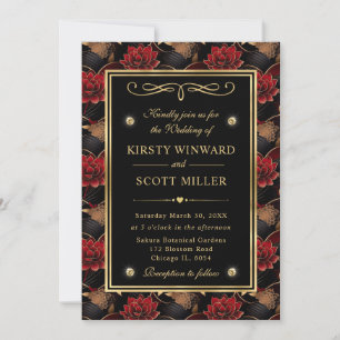 Red Black and Gold Marble Floral Wedding Invitation