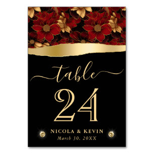 Red Black and Gold Marble Floral Wedding Table Number