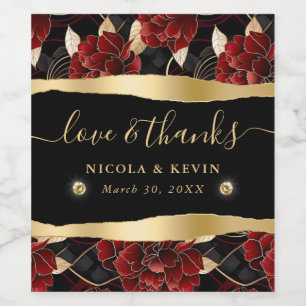 Red Black and Gold Marble Floral Wedding Wine Label