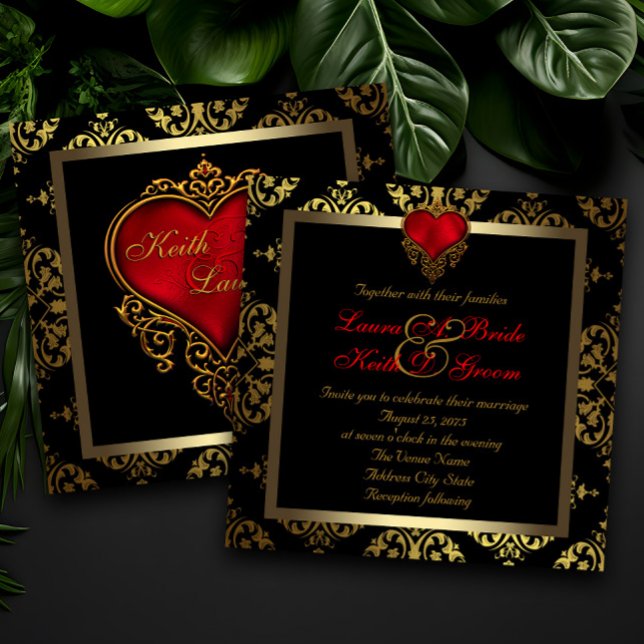 Red Black and Gold Wedding Invitation (Elegant red black and gold heart wedding invitations.)