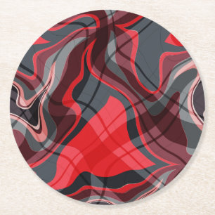 Red Black and Grey Abstract Art Pattern Round Paper Coaster