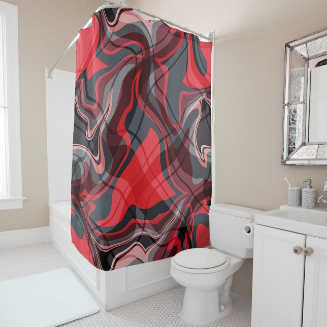 Red Black and Grey Abstract Art Pattern Shower Curtain (In Situ)