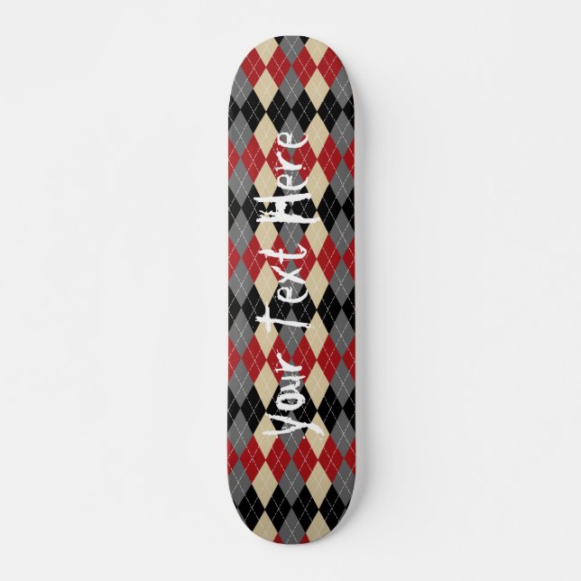 Red Black and Grey Argyle Personalised Skateboard (Front)