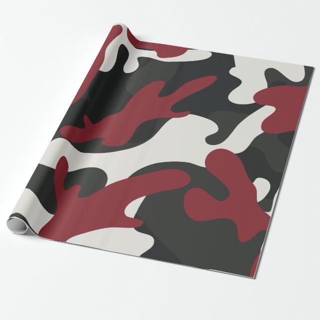 Red, Black, and Grey Camouflage Style  Wrapping Paper (Unrolled)