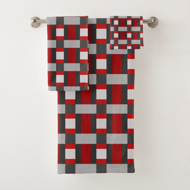Red Black And Grey Colour Block Print Bath Towel Set (Insitu)