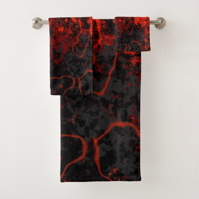 Red, Black and Grey Marble Abstract Bath Towel Set (Insitu)
