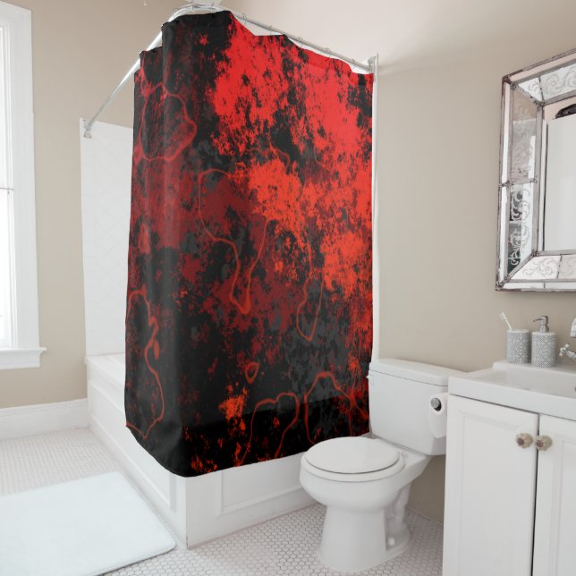 Red, Black and Grey Marble Abstract Shower Curtain (In Situ)