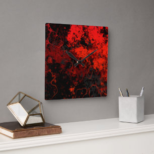 Red, Black and Grey Marble Abstract Square Wall Clock