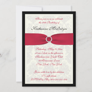 Red, Black, and Ivory Damask 50th Birthday Invite