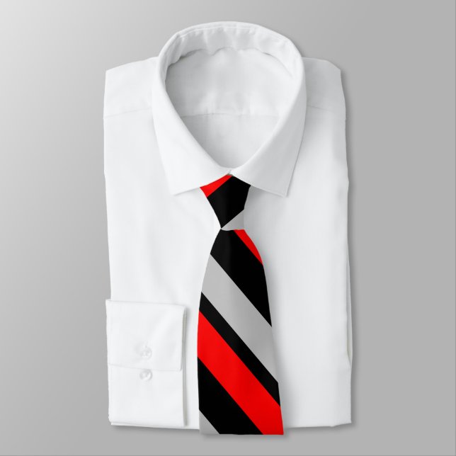 Red Black and Silver Diagonally-Striped Tie (Tied)