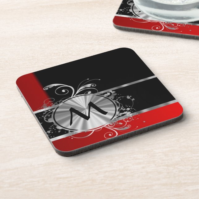 Red black and silver monogram coaster (Left Side)