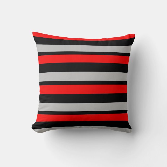 Red Black and Silver Striped Throw Pillow (Front)
