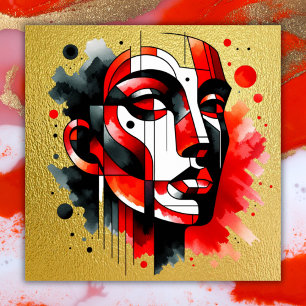Red, black and white Abstract Face on gold   Poster