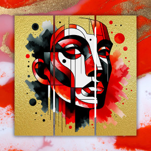 Red, black and white Abstract Face on gold   Triptych