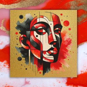 Red, black and white Abstract Face on gold   Wood Wall Art