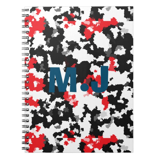 Red Black And White Abstract Pattern Edit Initials Notebook (Front)