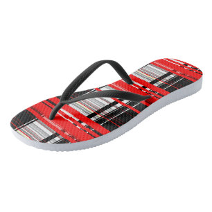Red Black and White Abstract stripes Flip Flops