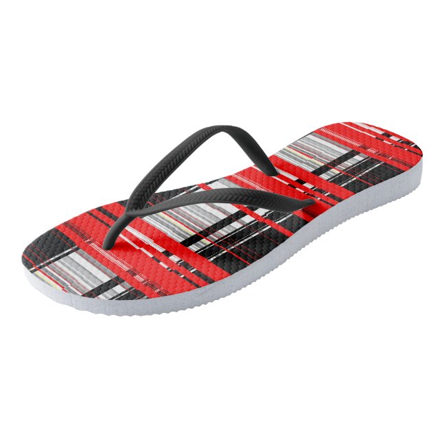 Red Black and White Abstract stripes Flip Flops (Angled)
