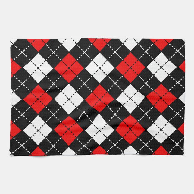 Red Black and White Argyle Pattern Tea Towel (Horizontal)