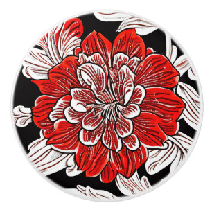 Red Black and White Art Nouveau Flower Ceramic Knob