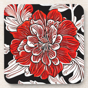 Red Black and White Art Nouveau Flower  Coaster