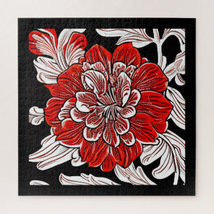 Red Black and White Art Nouveau Flower Jigsaw Puzzle