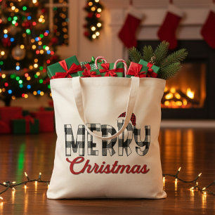 Red, Black and White Buffalo Plaid Merry Christmas Tote Bag