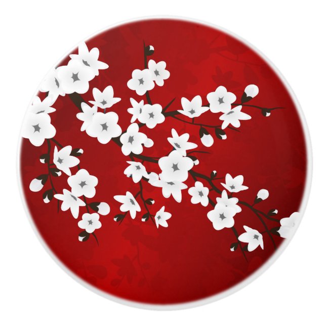 Red Black And White Cherry Blossom Asia Floral Ceramic Knob (Front)