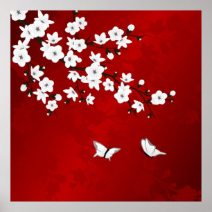 Red Black And White Cherry Blossom Poster