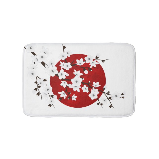 Red Black And White Cherry Blossom Rising Sun Bath Mat (Front)
