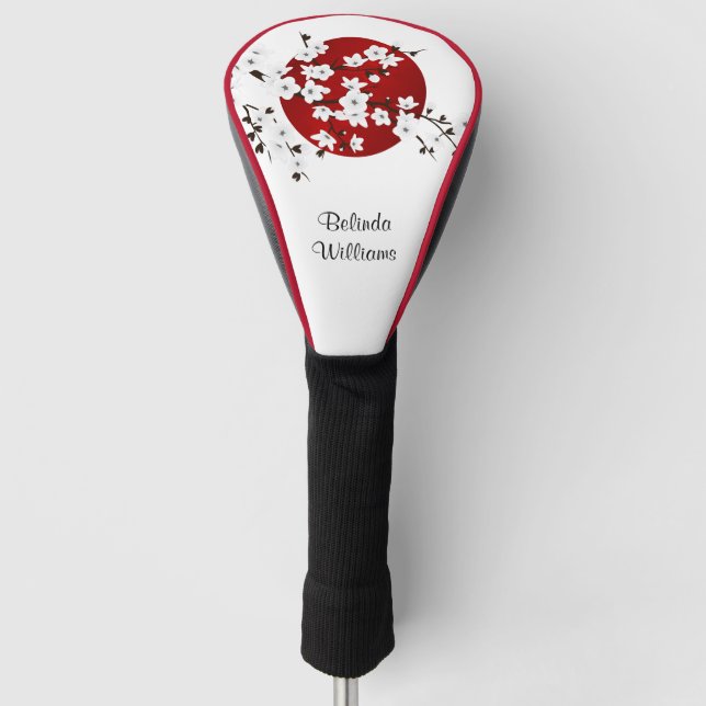 Red Black And White Cherry Blossom Rising Sun Name Golf Head Cover (Front)