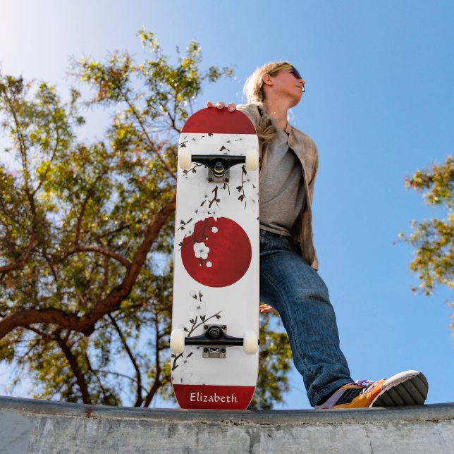 Red Black And White Cherry Blossom Rising Sun Name Skateboard (Outdoor 1)