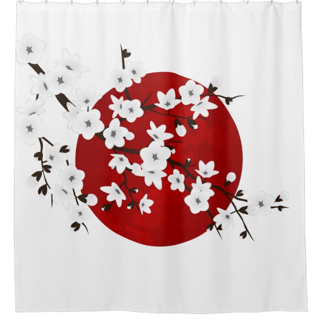 Red Black And White Cherry Blossom Rising Sun Shower Curtain (Front)