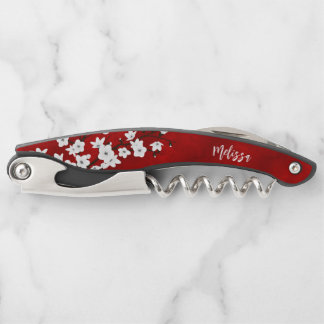 Red Black And White Cherry Blossoms Monogram Waite Corkscrew