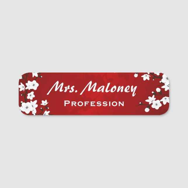 Red Black and White Cherry Blossoms Name Tag (Front)